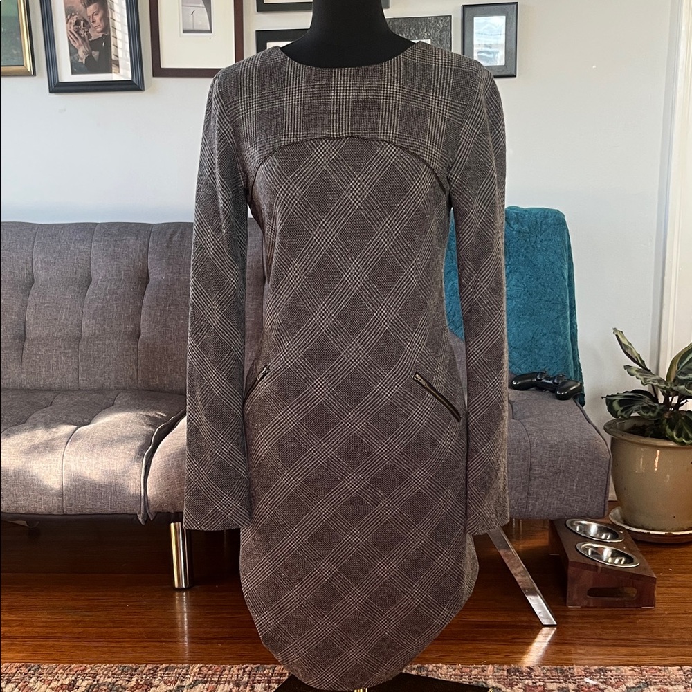 Peruvian Connection Charcoal Plaid Long Sleeve Dress Zipper Accents Size 2 - Picture 2 of 8